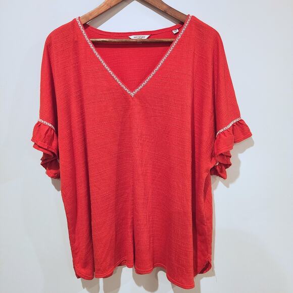 Max Studio Womens Red White Embroidered London Flutter Sleeve Blouse Size 2X - Picture 1 of 11